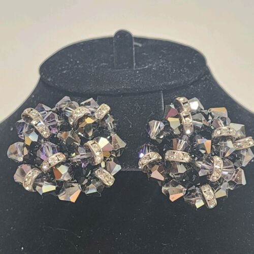 Amber Bead & Clear Rhinestone Clip-On Earrings 1.5" Diameter Vintage