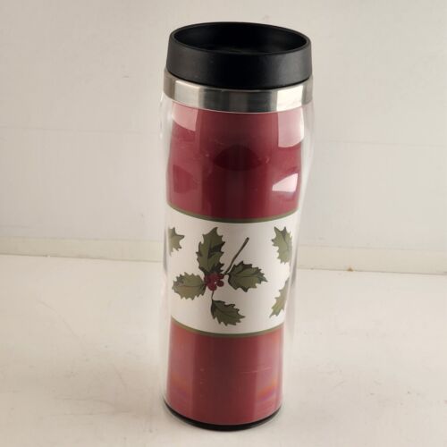 Red White Mistletoe Coffee Tumbler Travel Mug 16oz Metal w/ Glass Christmas