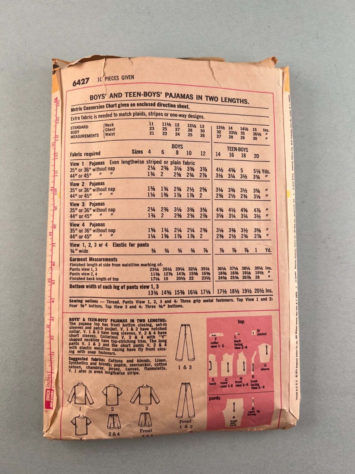 Simplicity 6427 Vintage Sewing Pattern 1974 Teen and Boys Pajamas Size 14 16