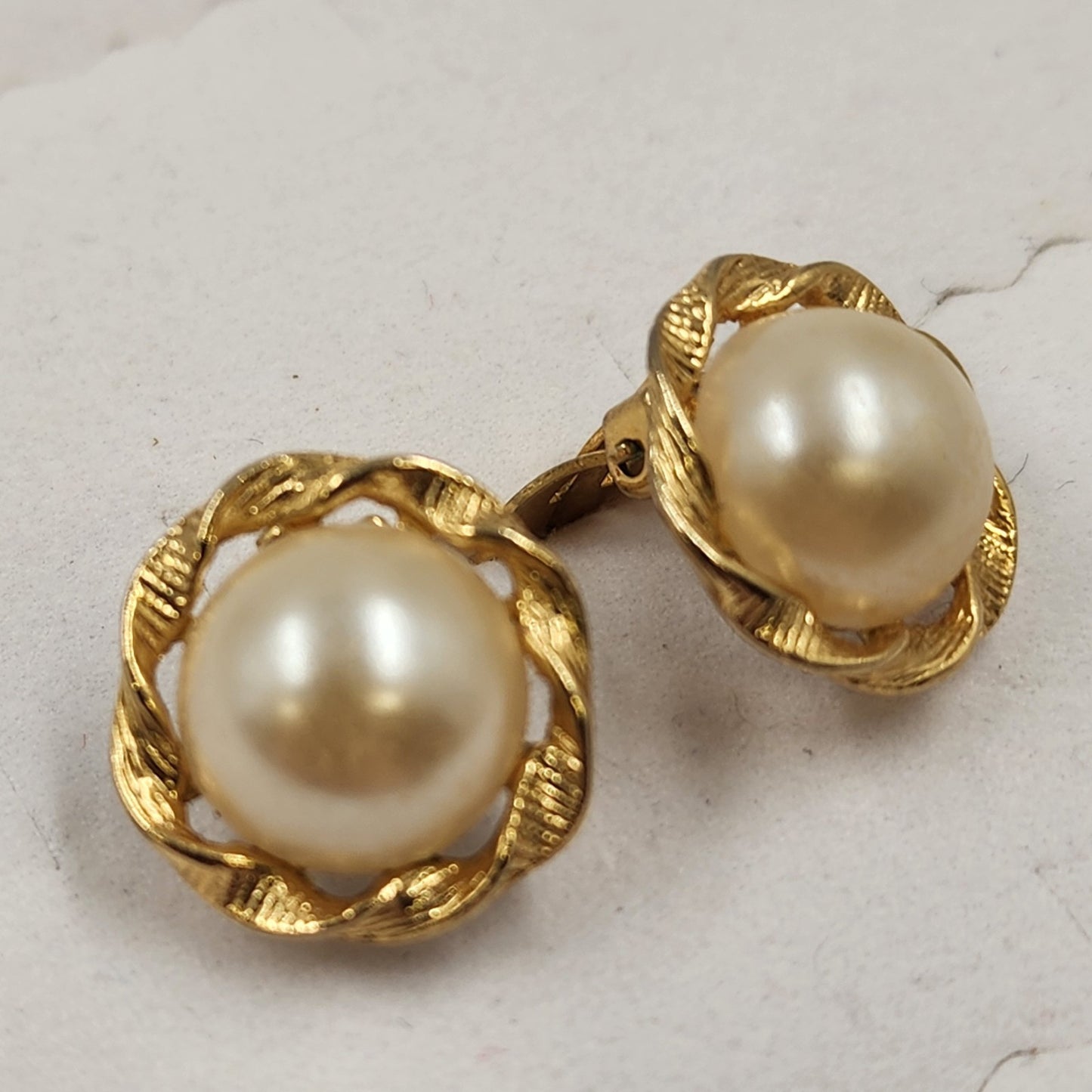 Gold Tone Clip Earring with White Faux Pearl Half Dome & Twist Design 0.5”