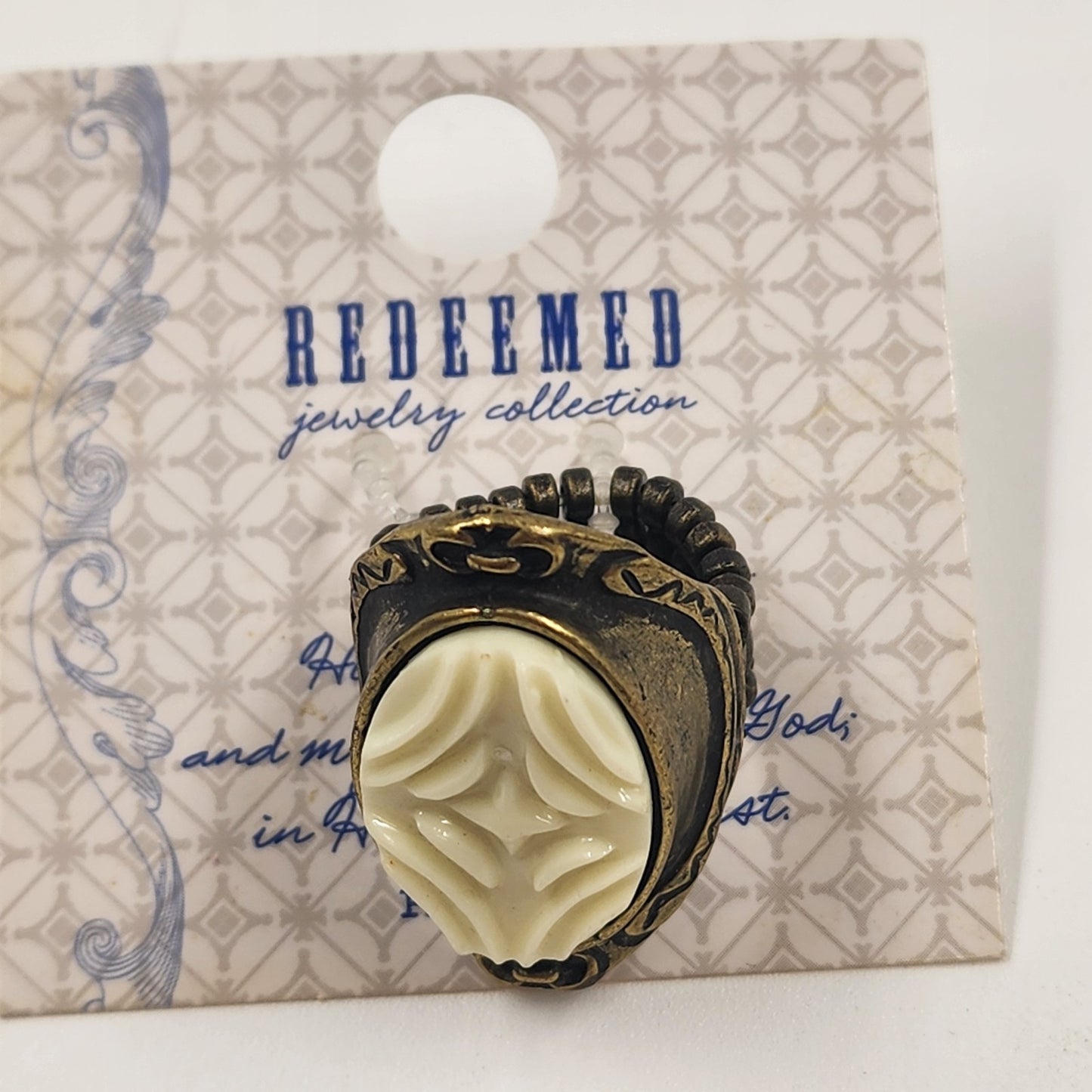 Redeemed Jewelry Ring Bronze Tone White Stone Elastic Band Psalm 91:1 & 91:2