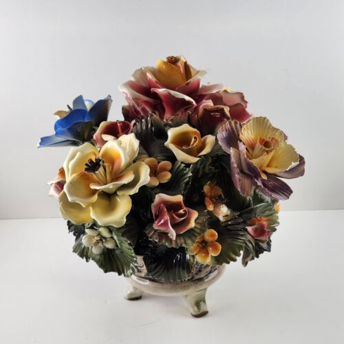 Capodimonte Large Floral Multicolor Centerpiece Footed Short Vase 10.5"h Chipped