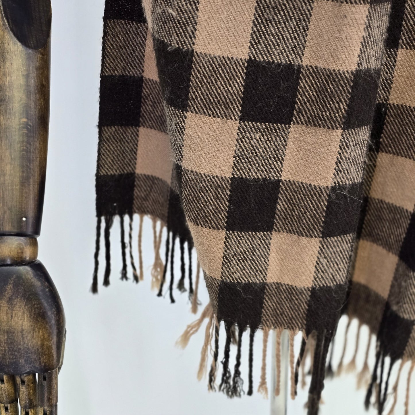 Checkered Plaid Brown Black Rectangle Neck Warmer Scarf Shawl w/ Fringe 72"x14"