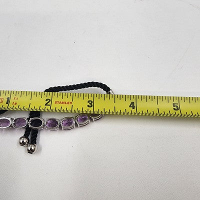 Silver Tone & Purple Crystal Glass Faceted Rhinestone Black Corded Bracelet 3.5"