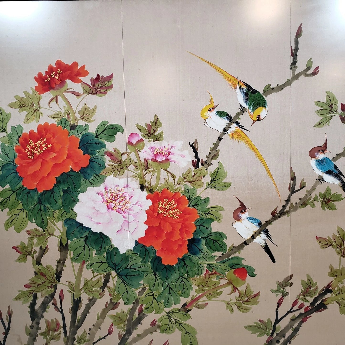 Chinese Wall Art Colorful Birds on Flowering Peony Bush with Chinese Prayer 31"