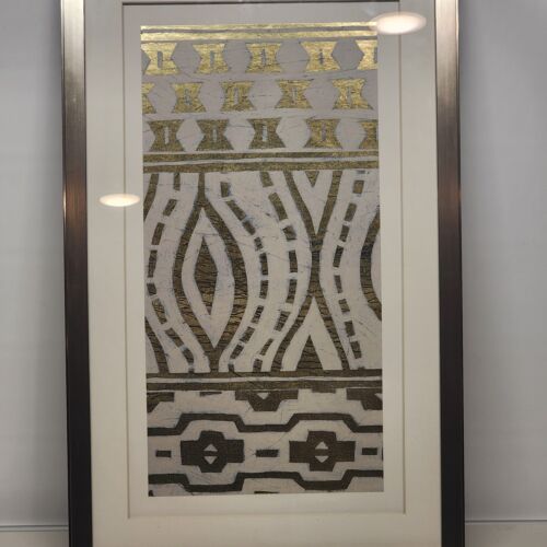 Tribal Pattern In Cream Framed Art Print Brushed Gold Wooden Frame 20" x 32" EUC