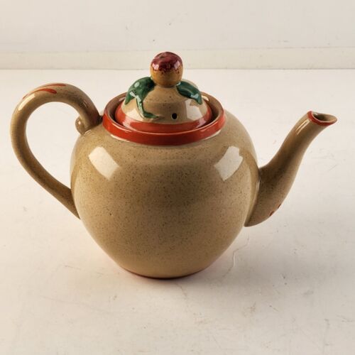 Omar Ware Tea Pot English Stoneware Beige Orange Green Trim England