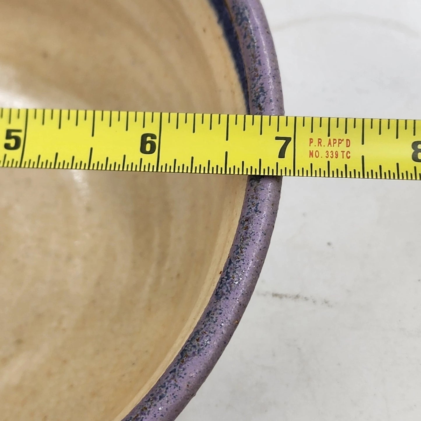Handmade Pottery Bowl Art Studio Blue Purple Outer Yellow Inner Handled Signed
