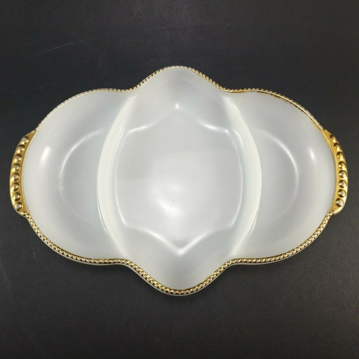 Fire King Oven Ware Divided White Milk Glass with Gold Trim 3-Part Dish Vintage