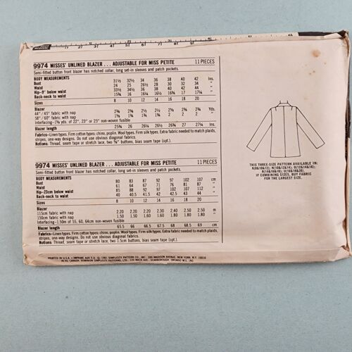 Simplicity ESP 9974 Vintage Sewing Pattern Misses Unlined Blazer Size 16 18 20