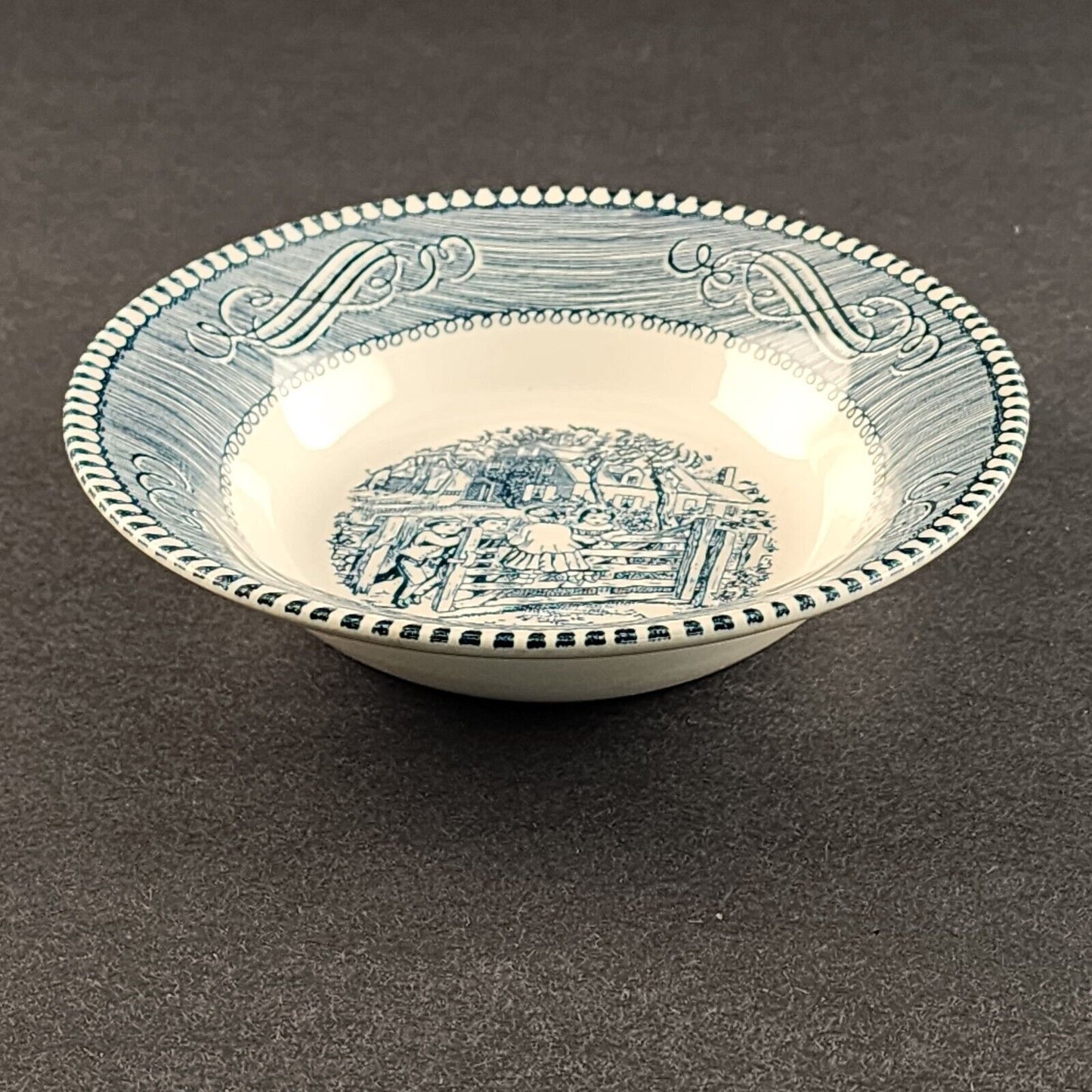 Currier and Ives Blue 5¾" Fruit Dessert Bowl by Royal Old Farm Gate Image USA