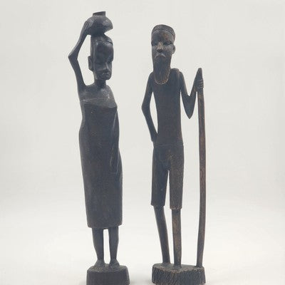 Hand Carved Ebony Tribal African Kenyan Man Woman Figurine 15"