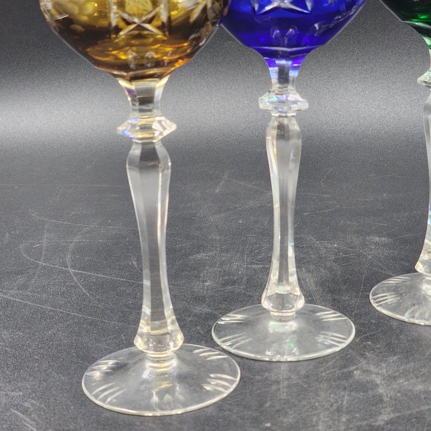 4 Bohemian Cordial Glasses Crystal Cut-to-Clear Wine Hocks 8.75" Multi-Color