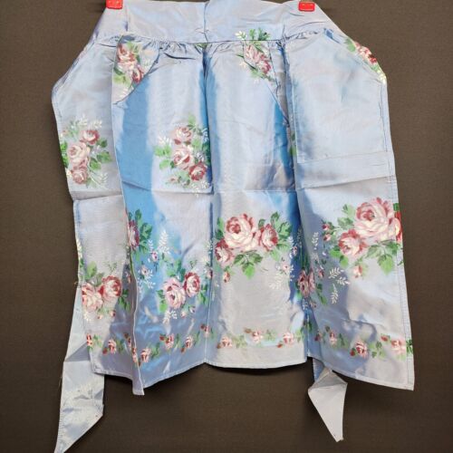 Apron Waist Vintage Nylon Blue Floral Pocket Cooking Kitchen Roses Taffata