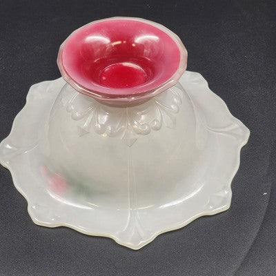 Indiana Glass White Console Flared Footed Bowl w Red Flashed Tulips Ruffled Edge