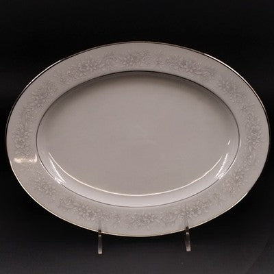 Noritake Cumberland Oval Serving Platter 11" White Flower Platinum Japan