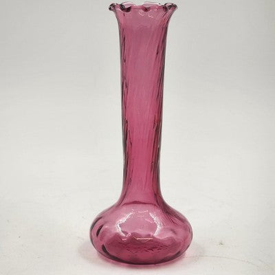 Pilgrim Cranberry Glass Bud Vase 7" Swirled Neck Ruffled Rim Hand Blown
