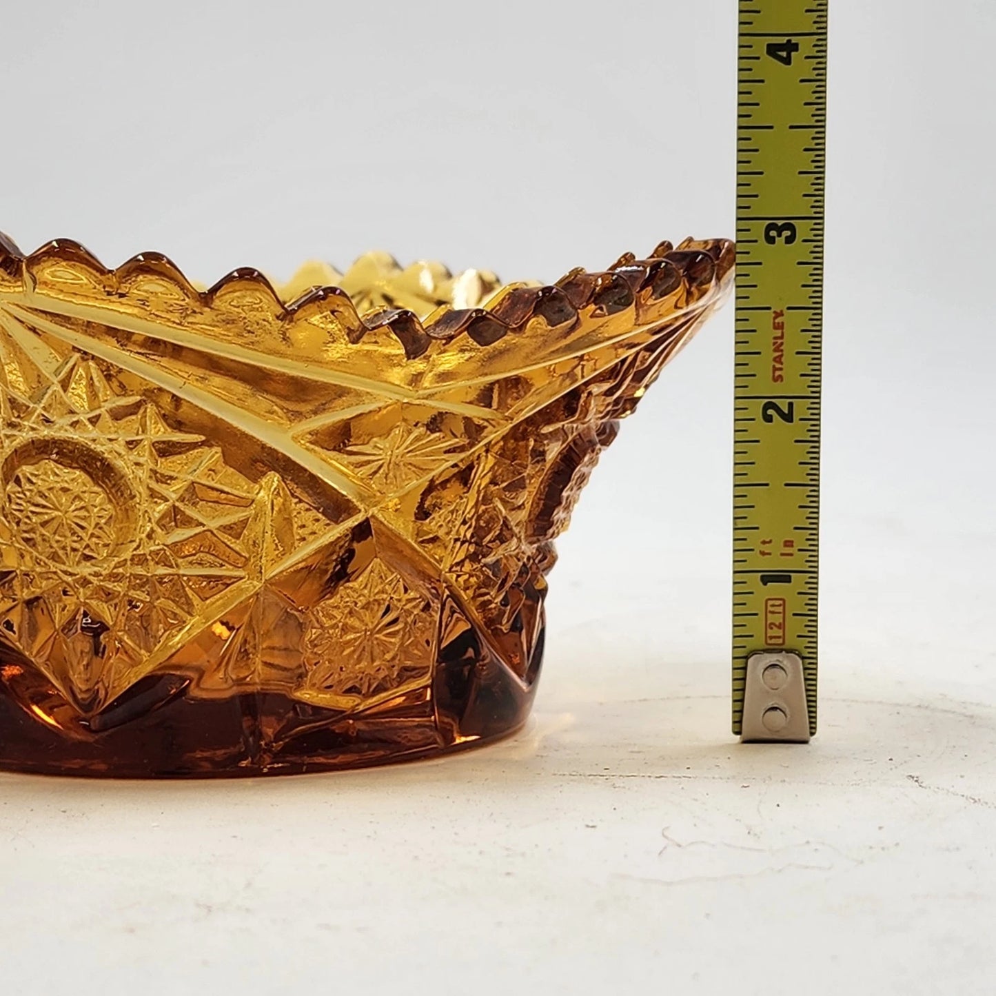 LE Smith Amber Glass Candy Nut Dish 6" Starburst Pattern Sawtooth Rim