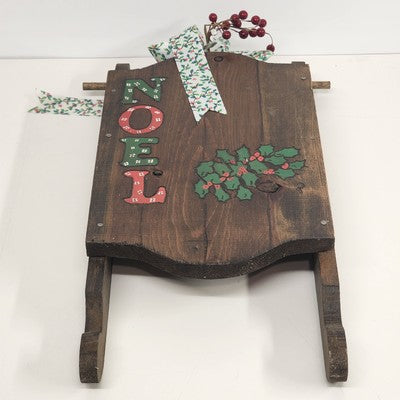 Christmas Holiday Noel Natural Wood Sleigh Sled Hand Painted Decoration 9.5"x20"