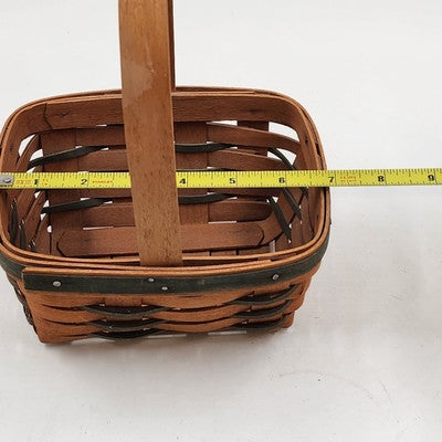Longaberger Handwoven Basket Green Stripes Vintage 1993 Wood Handle 7"x5"