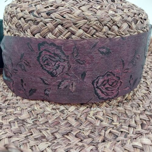 Purple Woven Straw Sun Hat Bow with Black Rose Grosgrain Floral Flower Band 15"
