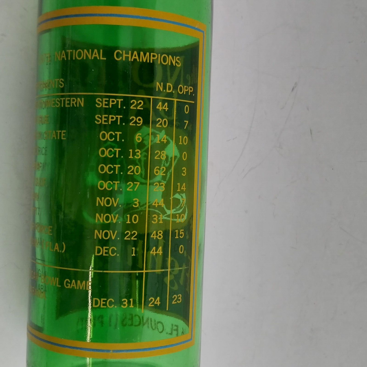 7UP bottle Notre Dame Fighting Irish National Champs Glass Sugar Bowl 1973