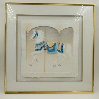 Wesley Smith Carousel Horse Print Signed WESS Embossed Gold Frame 20.25" Square