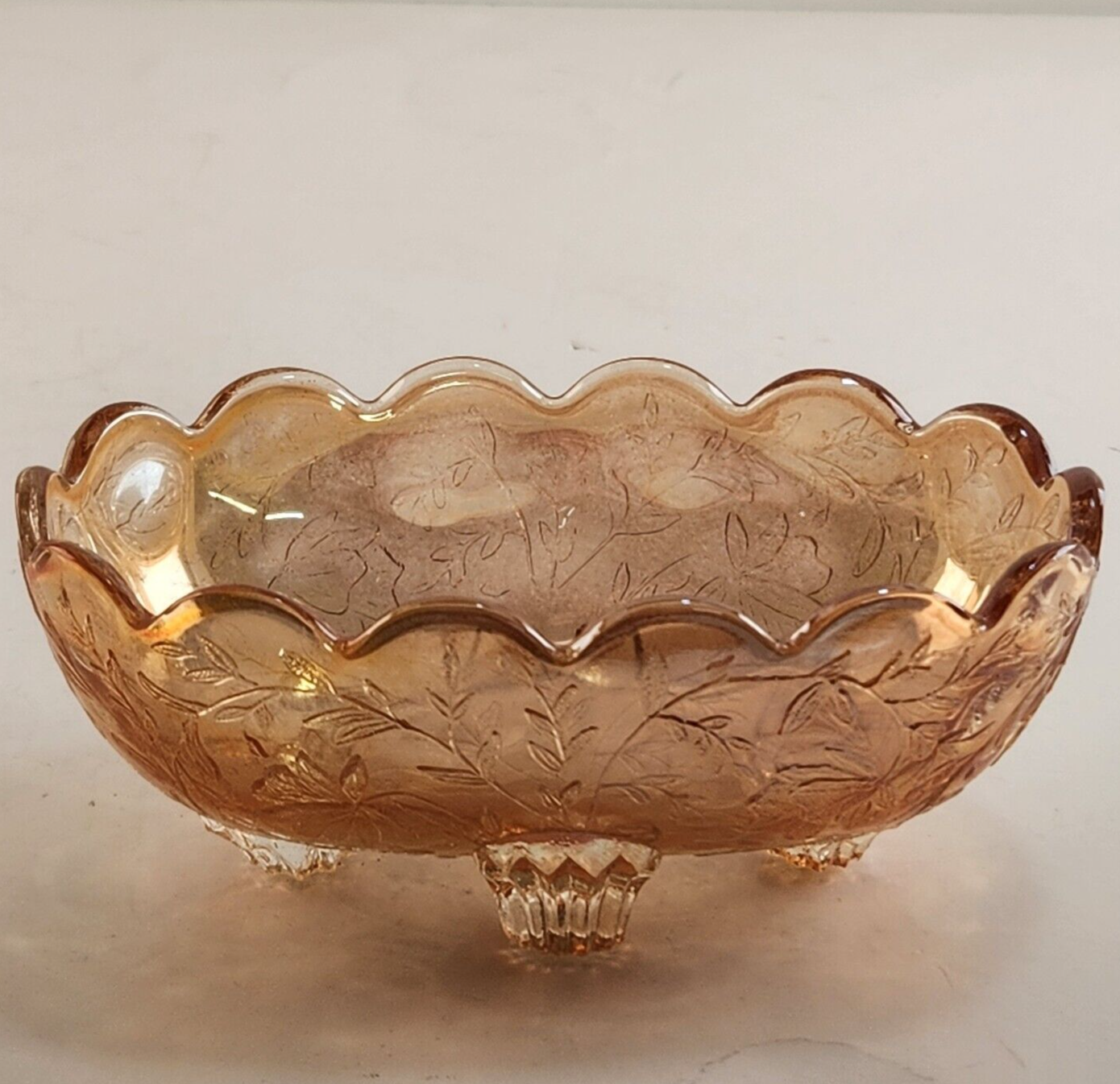 3 Jeanette Iridescent Footed Bowls Marigold Dish Flora Gold Louisiana Vintage