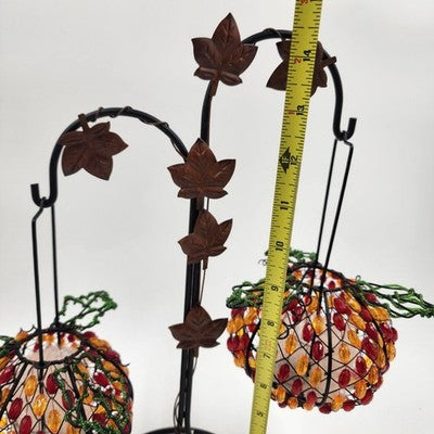 2 Beaded Pumpkin Tea Lite Holders Home Interiors w Free Standing Metal Stand NOS