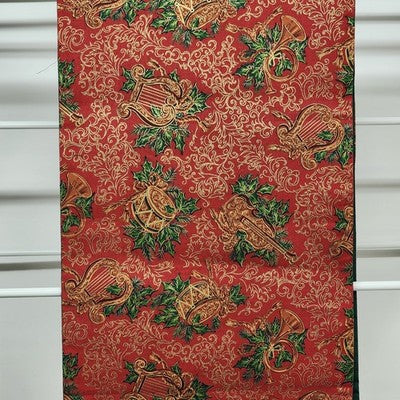 Red Table Runner Scrolled Ends White Tassels 70” x 12” Gold Motif Christmas Drum