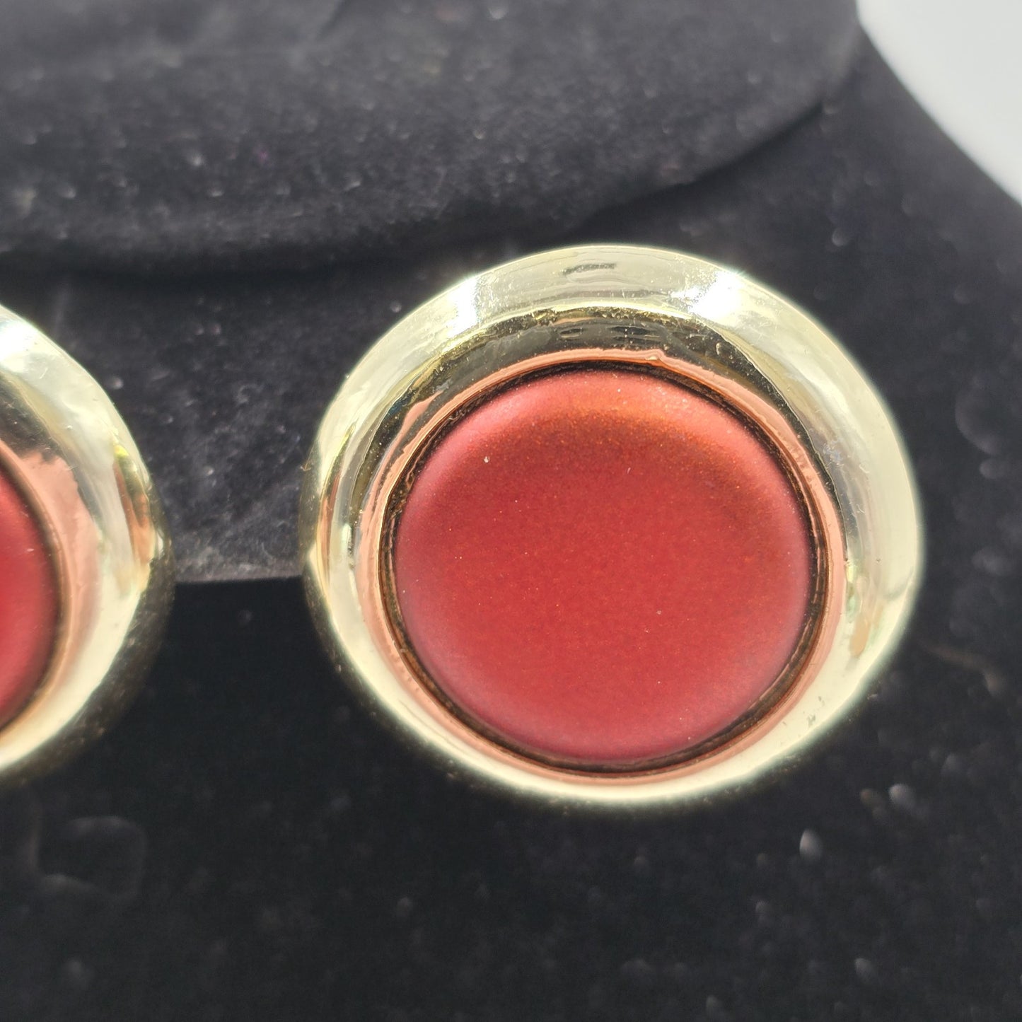 2 Round Earrings Gold Tone Copper Brown and Burgundy Red Glitters