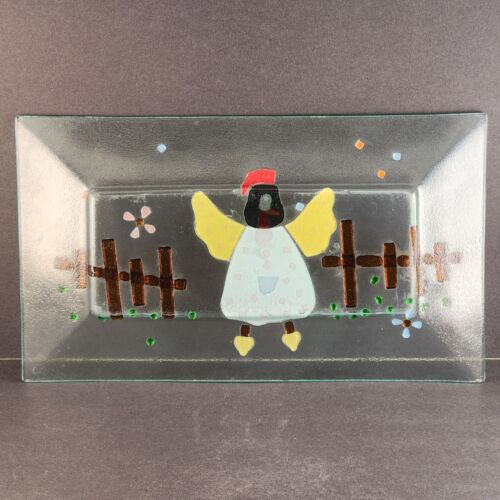 Fused Art Glass Chicken Barnyard Scene on Heavy Rectangle Large Platter 16½ x 9½