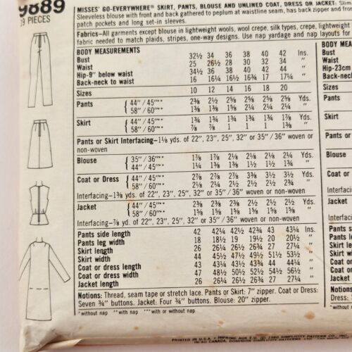 Simplicity 9889 Sewing Pattern Woman's Skirt Pants Blouse Unlined Coat Size 18