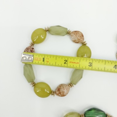 Set of 3 Bracelet Gold & Pale Green Tone Faux Pearl Faceted Oval Bead Stretch 7"