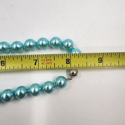 Blue Aquamarine Glass Knotted Sea Shell Faux Pearl Beaded Chocker Necklace 17"