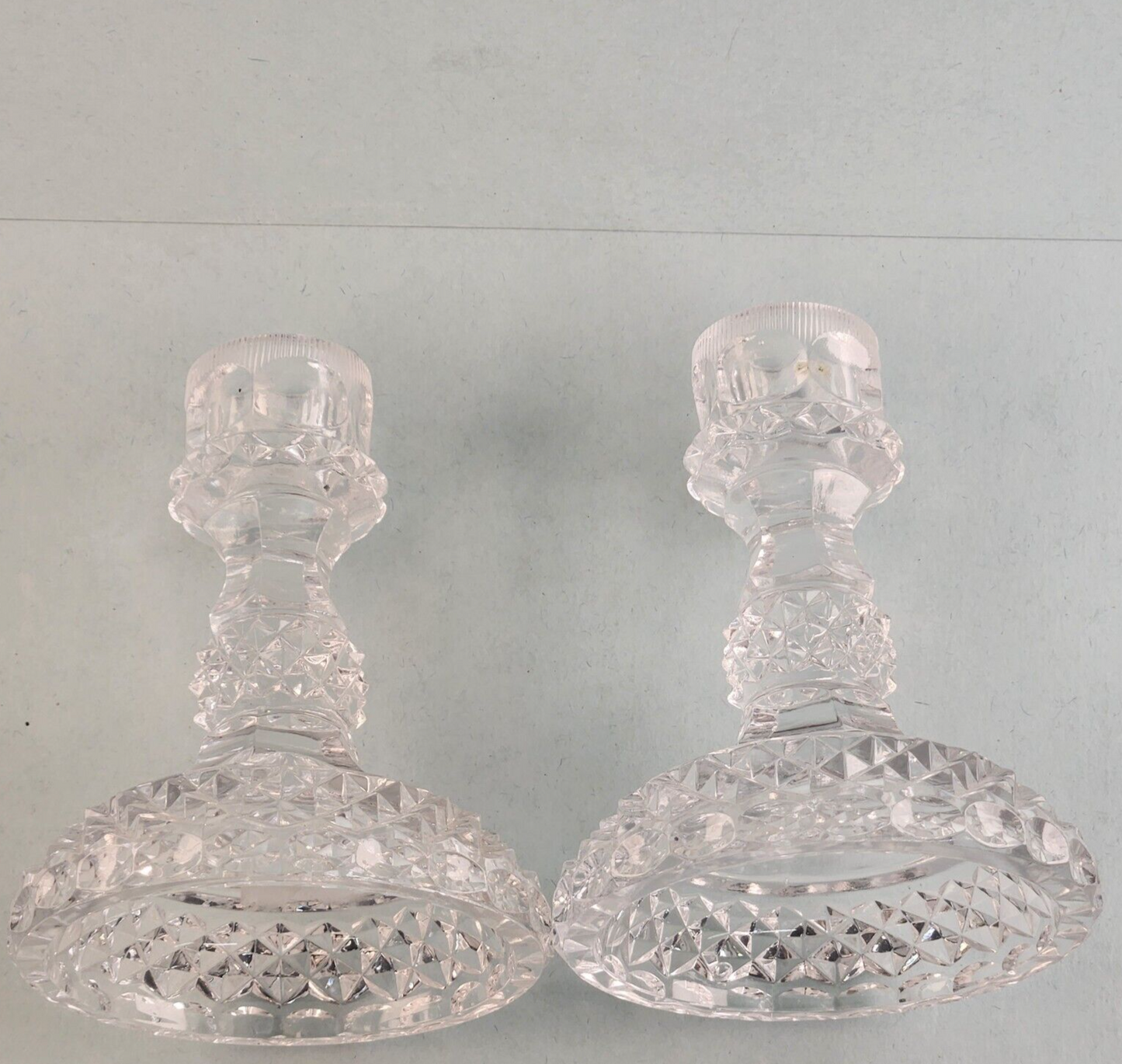 Set of 2 Clear Glass Diamond Hobnail Candlestick Holders Taper Vintage