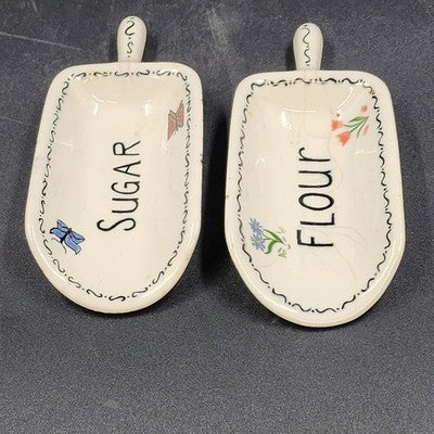 Set Of 2 Ceramic Measuring Scoops Measures Flour and Sugar Hand Painted Homemade