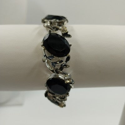 Silver Tone Bracelet Black Enameled Leaf & Faceted Glass Oval Beads