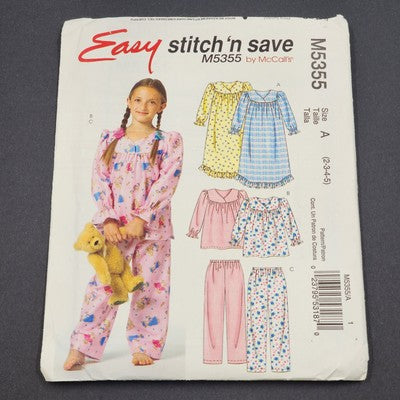 McCall's M5355 Sewing Pattern 2007 Uncut Girls Nightgown Top Pant Size A 2-5