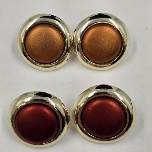 2 Round Earrings Gold Tone Copper Brown and Burgundy Red Glitters