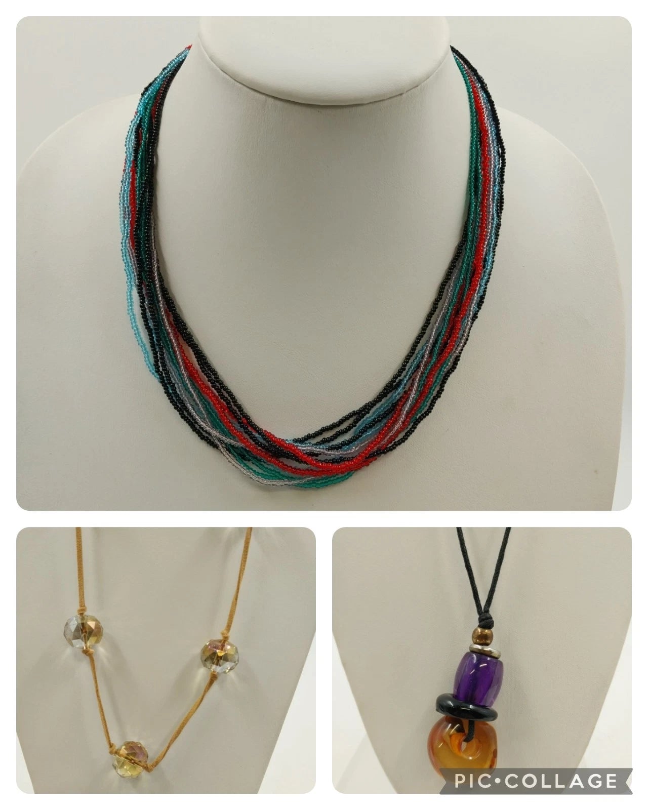 3 Beaded Necklaces Multicolor Seed Bead Suede Cord Amber Pendant