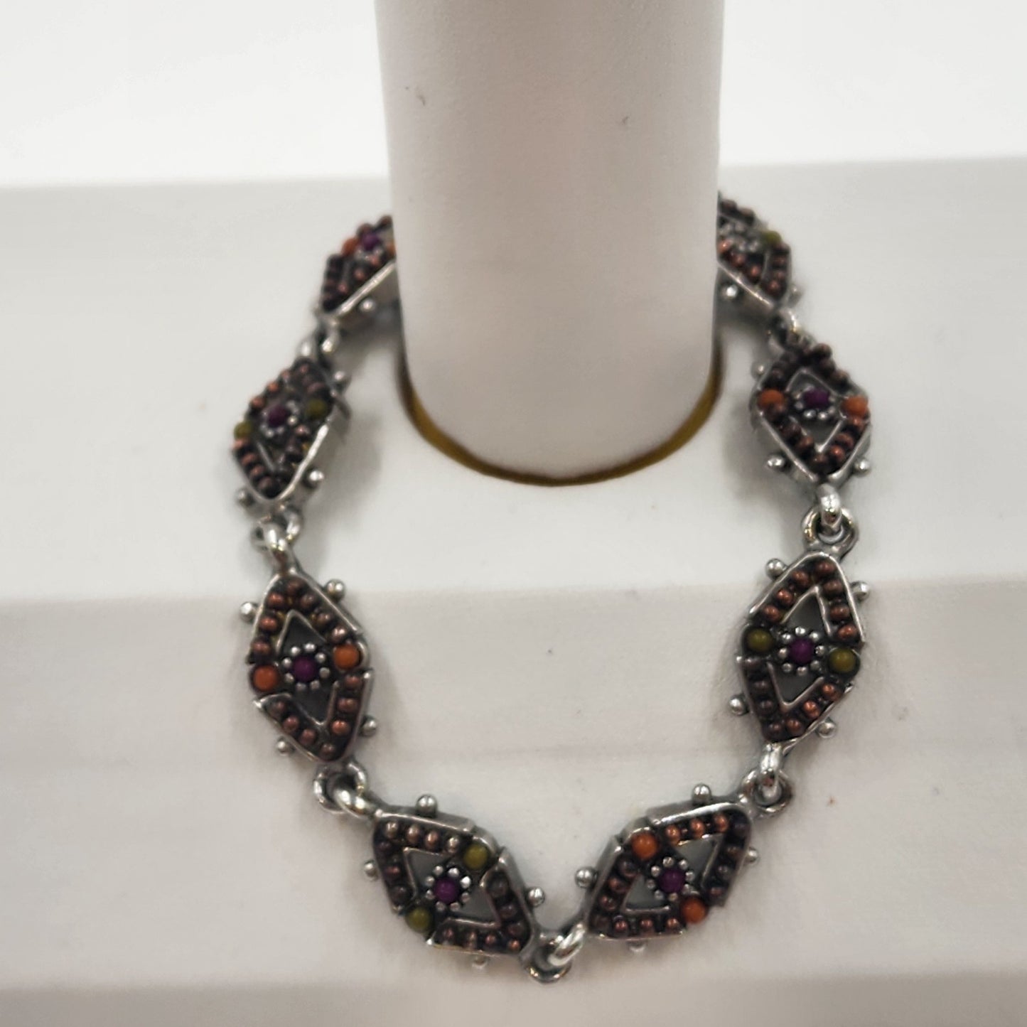 Diamond Chain w/ Orange Brown Beaded Quartz Silver Tone Magnetic Bracelet 7"