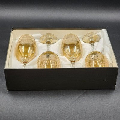 4 Etched 16oz Goblet Wine Glass 10" Cristelleria Fratelli Fumo Iridescent Amber