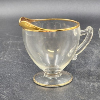 Crystal Clear Glass Sugar Bowl & Creamer 3.25" Gold Gilt Rim Scroll Handle