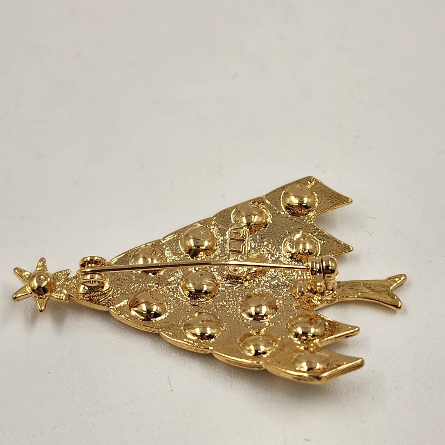 LIA Holiday Christmas Tree Gold Tone w Multicolor Rhinestone Brooch Pin 2" Vtg