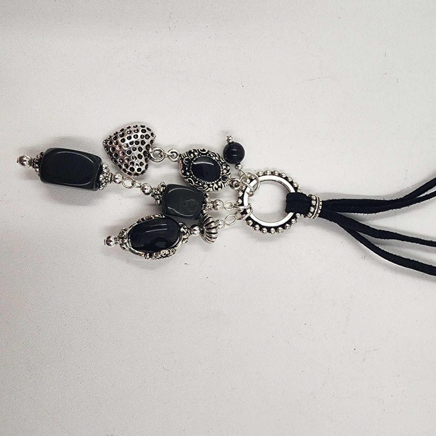 Black Corded Silver Tone Charm Heart Black Large Faux Pearl Bead Dangle Necklace