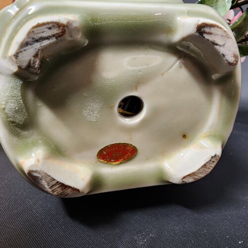 Japanese Bonsai Glass Tree Clay Pot Figurine Leaves Pink Flowers Wood Base Vtg