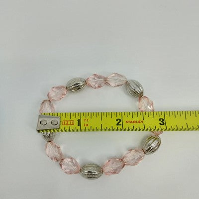 Set of 2 Bracelets Faux Pearl Silver Gold and Peach Tone Faceted Beads Stretch