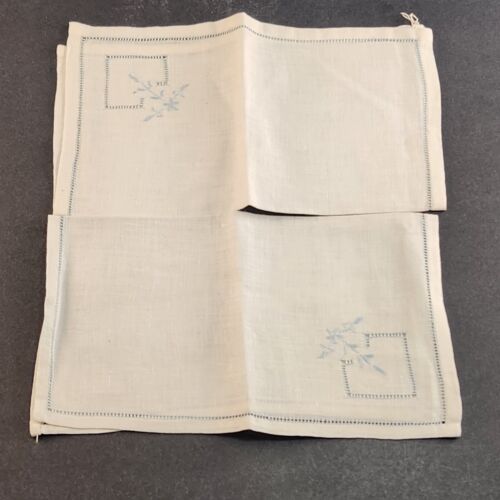 Vintage Set 4 White Blue Linen Napkins Tablecloth 10.5"x10.5" Square