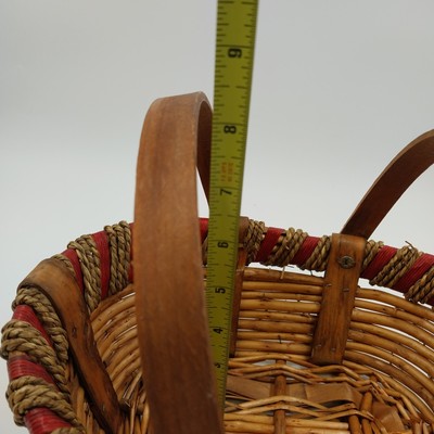 Wood Rattan Picnic Fruit Basket Swivel Handle Woven Red Rim 11x8.5"